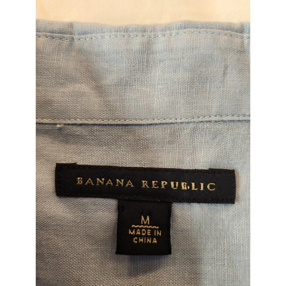 Banana Republic Men Blue Patchwork Linen Cotton Short Sleeve Button Down Shirt M